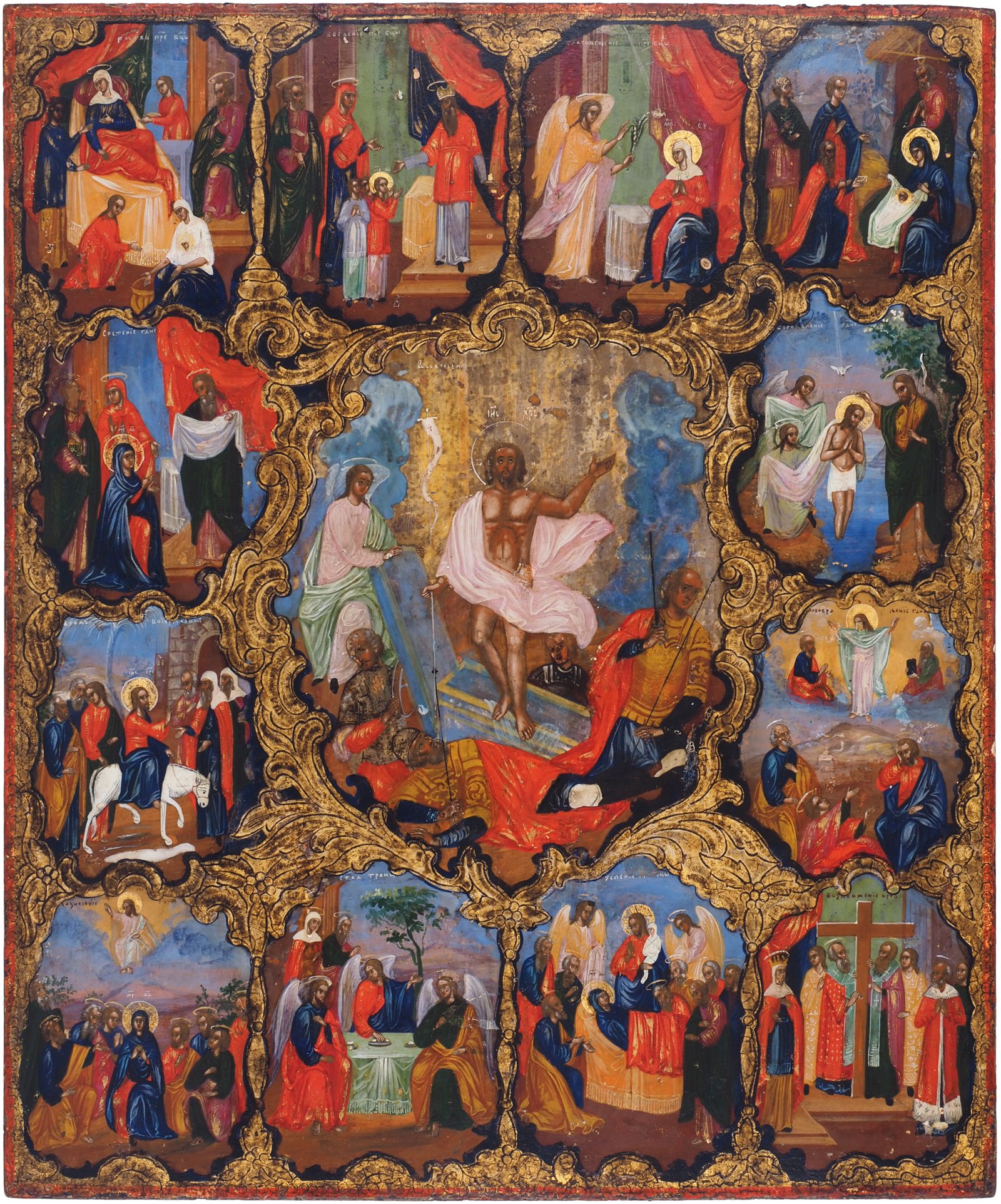 Воскресение Христово, с клеймами двунадесятых праздников Конец XVIII – начало XIX века.  Холуй или Вязники  Из собрания музея «Новый Иерусалим